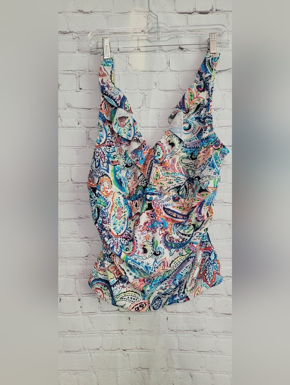 Chaps Multicolor Paisley Ruffle-Trim Swim Top